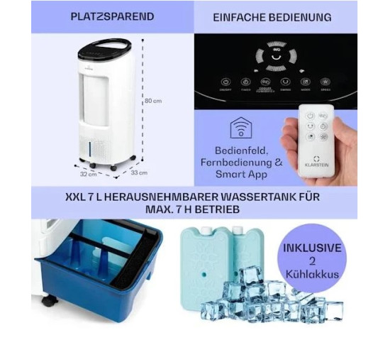 Мобильный воздухоохладитель (вентилятор-охладитель) Klarstein IceWind Plus Smart 4-in-1, 65 Вт, 10040211, белый (my-5202)