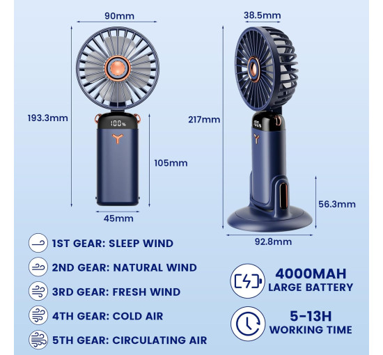 Портативный мини-вентилятор GEMWON Handheld Fan с USB-зарядкой темно-синий (my-18030)