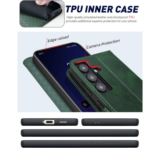 Чехол-кошелек OCASE из высококачественной искусственной кожи для Samsung Galaxy S24 черно-зеленый (my-12148)