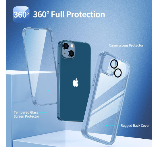 Чохол seacosmo для iPhone 13 6,1 дюйма із захистом екрану із загартованого скла для всього корпусу синій (my-12139)