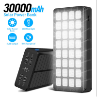 Power Bank Solar PS-90030 30000 mAh павербанк + ліхтарик із сонячною панеллю PS-900, вологозахищений, чорний (my-9128)