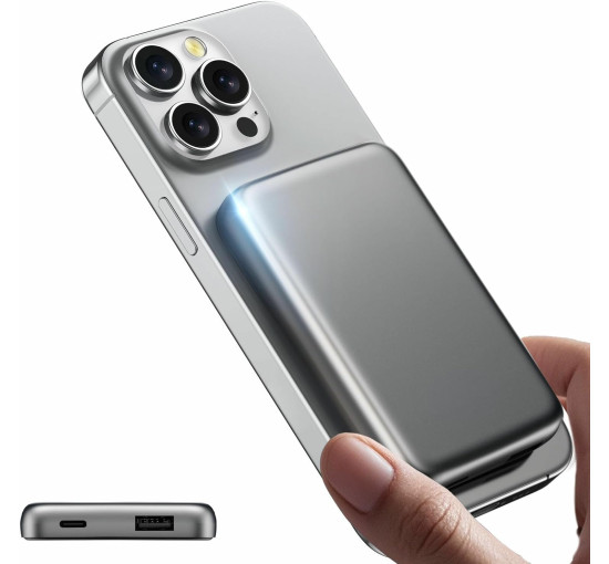 Магнитный внешний аккумулятор TRKOY 5000 мА·ч с быстрой зарядкой через USB-C, совместимый с iPhone, AirPods серый космос (my-17162)
