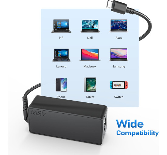 Зарядное устройство NATNO 45 Вт Type C USB C для ноутбука Acer Chromebook, HP Chromebook (my-17256)