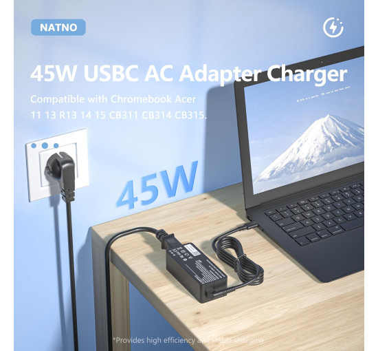 Зарядное устройство NATNO 45 Вт Type C USB C для ноутбука Acer Chromebook, HP Chromebook (my-17256)