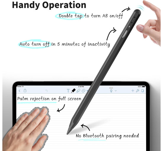 Стилус Metapen Pencil A8 совместим с iPad, быстрая зарядка, черный ME-APP152 (my-9178) 