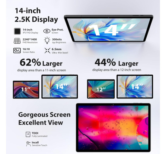 Планшет WITECOR A14 на Android 14 14-дюймовый дисплей 2.5K 36 ГБ + 256 ГБ / TF 1 ТБ 8 ядерный процессор серый (my-18049)