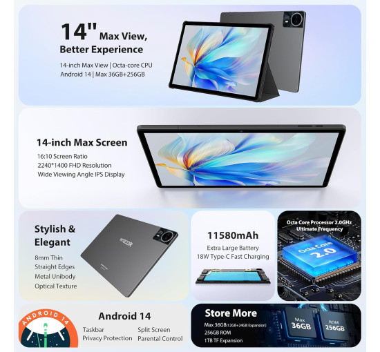Планшет WITECOR A14 на Android 14 14-дюймовый дисплей 2.5K 36 ГБ + 256 ГБ / TF 1 ТБ 8 ядерный процессор серый (my-18049)