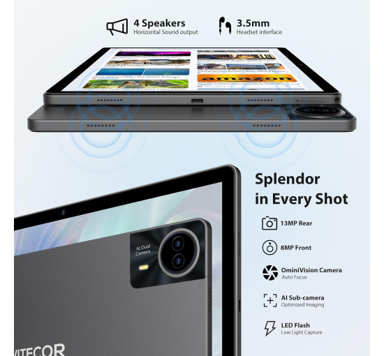 Планшет WITECOR A14 на Android 14 14-дюймовый дисплей 2.5K 36 ГБ + 256 ГБ / TF 1 ТБ 8 ядерный процессор серый (my-18049)