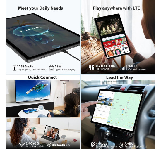 Планшет WITECOR A14 на Android 14 14-дюймовый дисплей 2.5K 36 ГБ + 256 ГБ / TF 1 ТБ 8 ядерный процессор серый (my-18049)