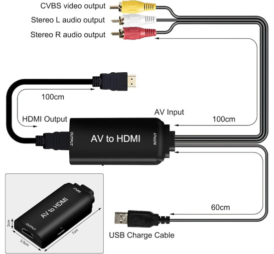 Адаптер AMANKA RCA-HDMI, перетворювач AV-HDMI з кабелем RCA та кабелем HDMI, HD 1080P (my-12047)