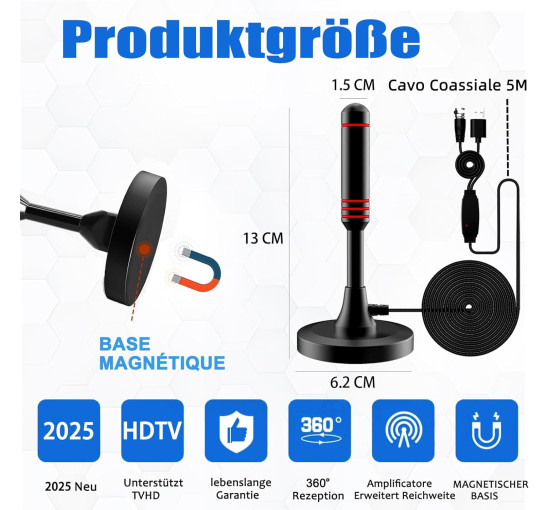 Антенна комнатная Sufubyte DVB-T/DVB-T2 с усилителемHDTV-антенна для телевизоров, большой радиус действия и приём на 360°, с магнитным основанием (my-17208)