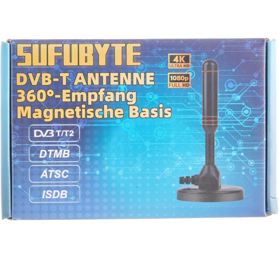 Антенна комнатная Sufubyte DVB-T/DVB-T2 с усилителемHDTV-антенна для телевизоров, большой радиус действия и приём на 360°, с магнитным основанием (my-17208)