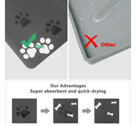 Коврик для корма для собак и кошек - впитывающий коврик для мисок на пол 60 x 40 см - серый YOKUPOTAC Non Slip - легкоочищаемый лоток (my-12183)