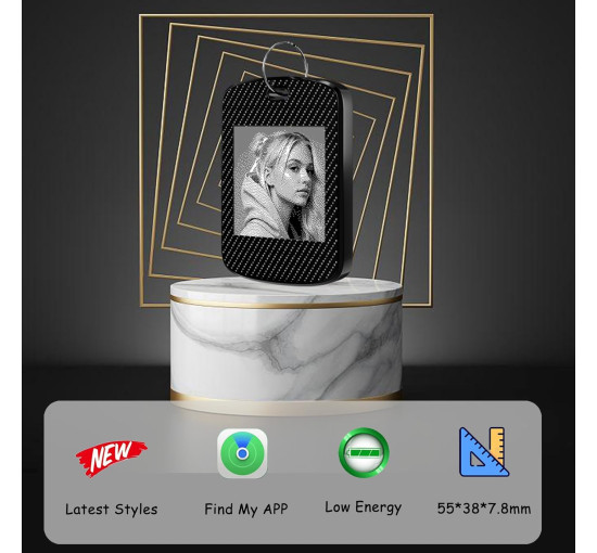 Двосторонній локатор, брелок трекер для Apple Find My (тільки iOS) FindXeink E-Ink Finder Tag, зображення користувача/текст/контакт, чорний (my-15319)