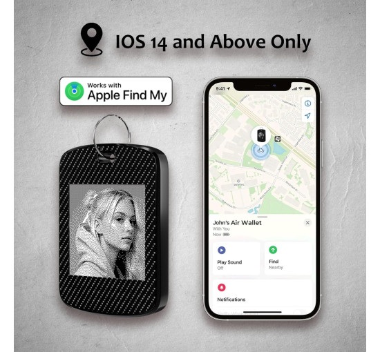 Двосторонній локатор, брелок трекер для Apple Find My (тільки iOS) FindXeink E-Ink Finder Tag, зображення користувача/текст/контакт, чорний (my-15319)
