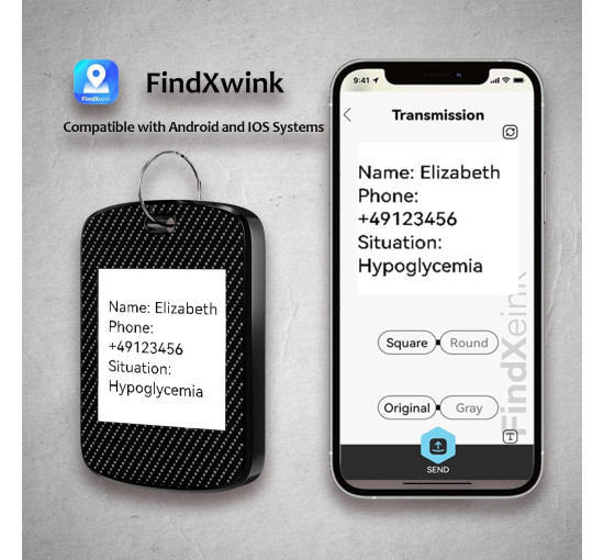 Двосторонній локатор, брелок трекер для Apple Find My (тільки iOS) FindXeink E-Ink Finder Tag, зображення користувача/текст/контакт, чорний (my-15319)