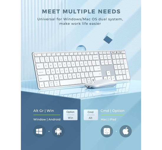 Беспроводная клавиатура и мышь Seenda JP-064-3 совместимые с Win 7/8/10, MacBook Pro/Air, iPad, планшетом белый серебристый (my-11038)