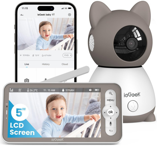 Відеоняня ieGeek Baby 1T з роздільною здатністю 2K та 5-дюймовим екраном, у сірому кольорі (my-19034) Відеоняня ieGeek Baby 1T з роздільною здатністю 2K та 5-дюймовим екраном, у сірому кольорі (my-19034)