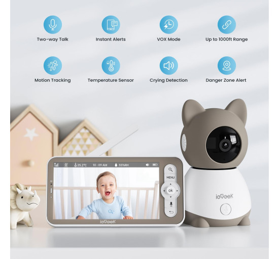 Відеоняня ieGeek Baby 1T з роздільною здатністю 2K та 5-дюймовим екраном, у сірому кольорі (my-19034)