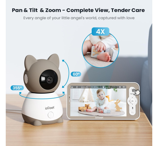 Відеоняня ieGeek Baby 1T з роздільною здатністю 2K та 5-дюймовим екраном, у сірому кольорі (my-19034)