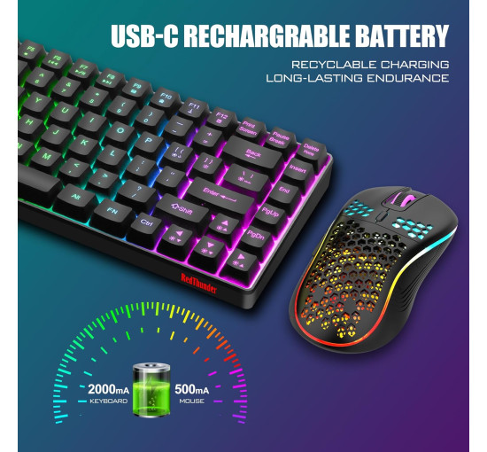 Беспроводная клавиатура и мышь RedThunder K84 с радужной подсветкой мышь Honeycomb с разрешением 3200 точек на дюйм черная (my-11057)